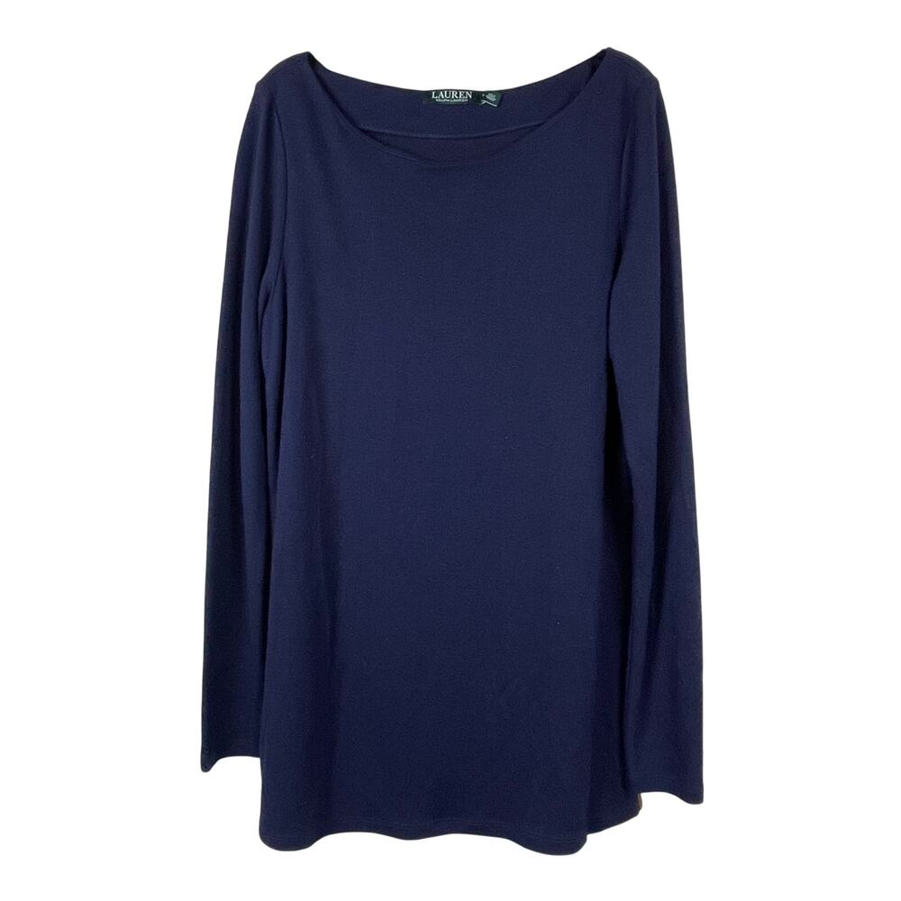Ralph Lauren LRL Navy Wool Blend Boatneck Tunic Top Size M Suede Trim